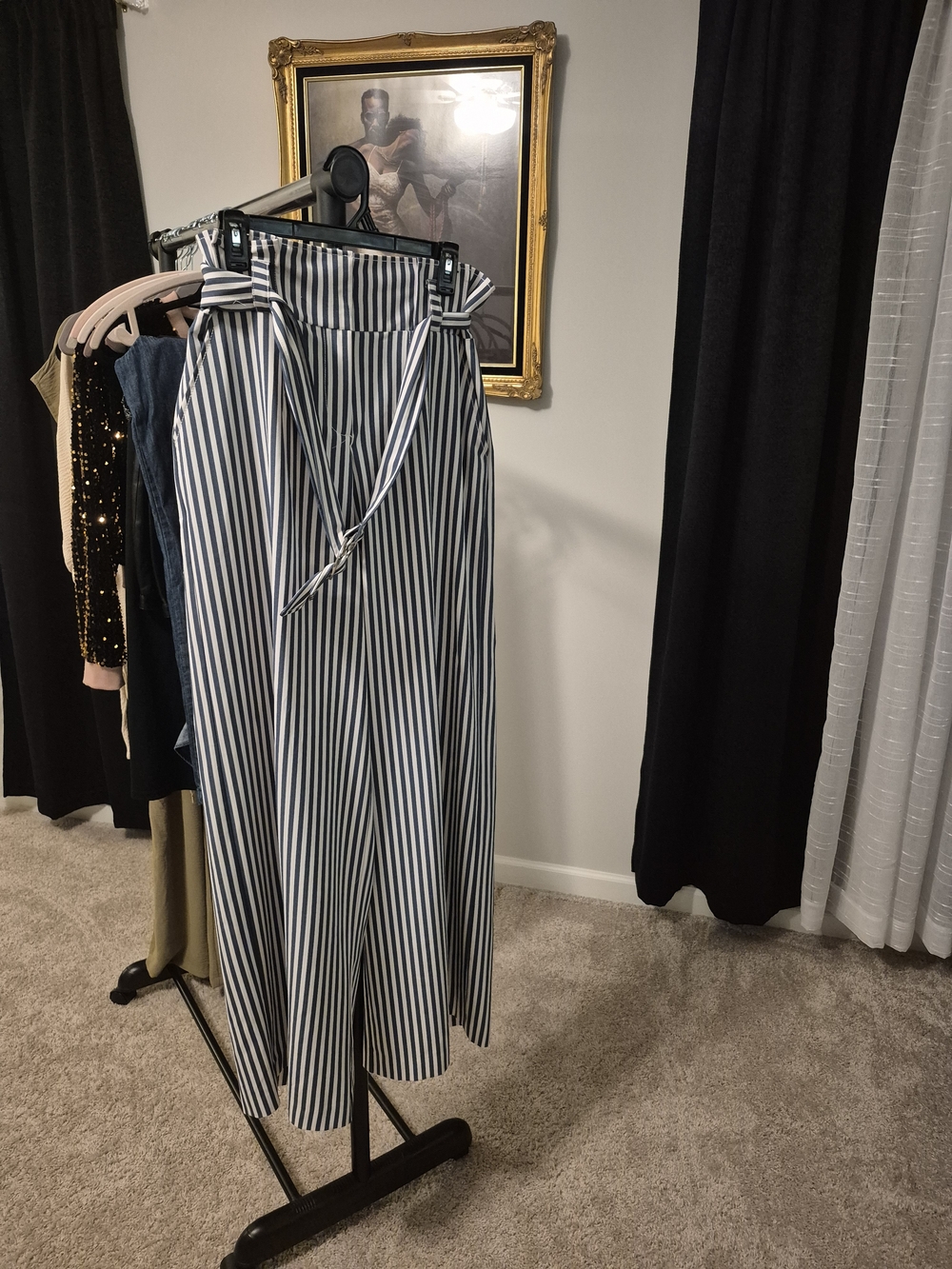 Striped High-Waist Paperbag Midi Skirt with Tie Belt - Blue/White
